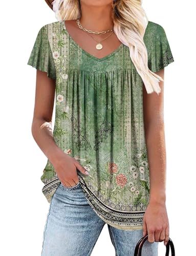 ROSELINLIN Womens Ruffle Sleeve Tunic Tops V Neck Loose Fit Short Sleeve Summer Shirts - color: A Ruffle Sleeve Grass Green, size: 3X-Large