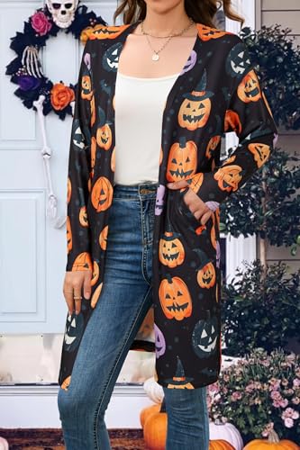 OUGES Women's Open Front Cardigan Shirt with Pockets Long Sleeve Lightweight Coat - color: Black-halloween Jack-o'-pumpkin, size: X-Large