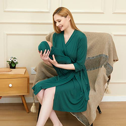 Galabloomer Maternity Robe and Receiving Blanket, Matching Mommy Labor Robe - color: Hunter Green, size: Medium