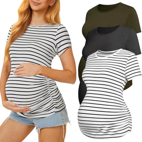 3 Pack Womens Maternity Shirts, Crew Neck Maternity Top Short Sleeve - color: Dark Grey/Army Green/White Stripe, size: Medium