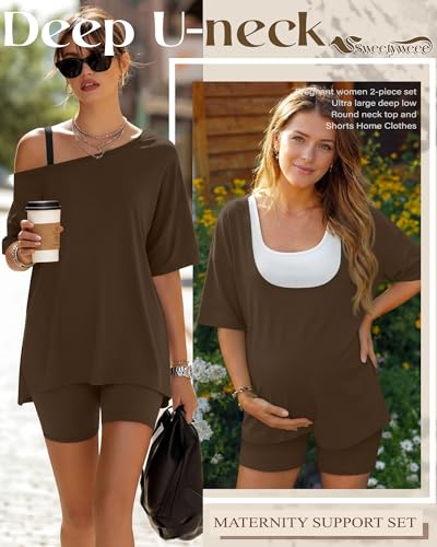 2 Piece Women Maternity Set Pregnancy Outfit - color: Brown, size: Small