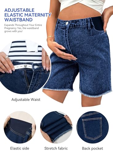 BLENCOT Maternity Jeans Bermuda Shorts Elastic Waist Raw Hem - color: Dusk Blue, size: Medium