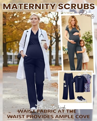 2 Pack Women's Maternity Scrub Pants with 6 Pockets - color: Dark Grey, Navy Blue, size: Medium