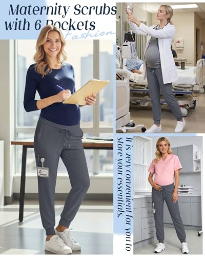 Xaatren Women's Maternity Scrub Joggers Pants with 6 Pockets - color: Dark Gray, size: Medium