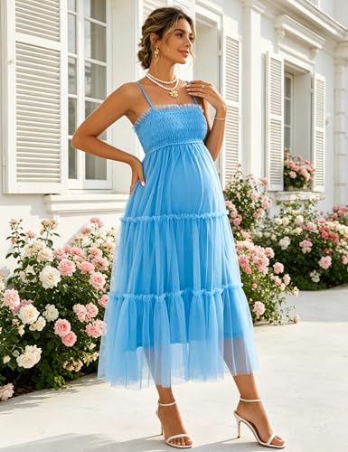Maternity Midi Dress Spaghetti Strap Smocked Tiered Tulle Gown - size: X-Large