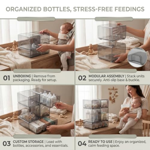 5 pack baby bottle storage organizer - clear acrylic stackable storage drawers with handles for baby bottles, kitchen countertop, pantry and vanity