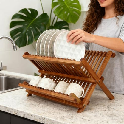 Utoplike Teak Wood Dish Drying Rack, Foldable Plate Organizer Countertop - size: 2 Tier-Compact