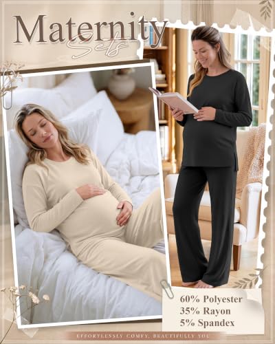 Huukeay 2 Pack Maternity Long Sleeve Pajamas Sets - color: Apricot, Black, size: Medium