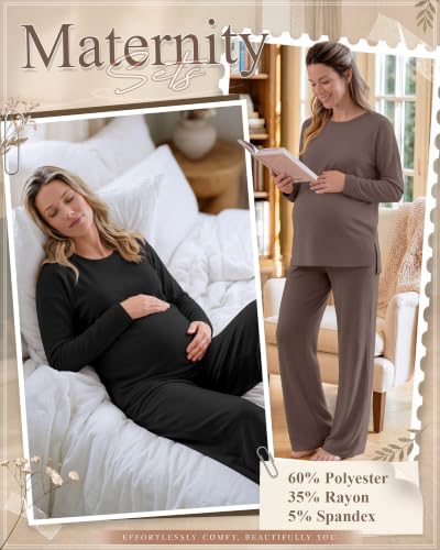 Huukeay 2 Pack Maternity Long Sleeve Pajamas Sets - color: Black, Coffee, size: Medium
