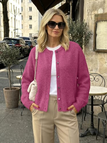 LILLUSORY Womens Crew Neck Button Down Cardigan Sweater - color: Hot Pink, size: X-Large