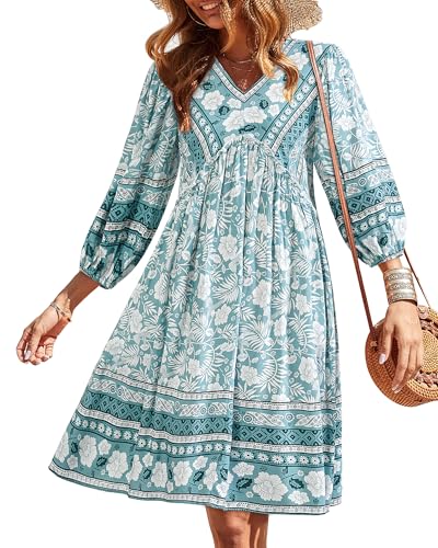 BTFBM Women's Casual Floral Long Sleeve Mini Dress - color: Floral Blue White, size: Small