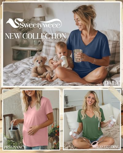 3 Pack Women's Nursing Tops Breastfeeding Shirts - color: Apple Green, Light Pink, Haze Blue, size: Medium
