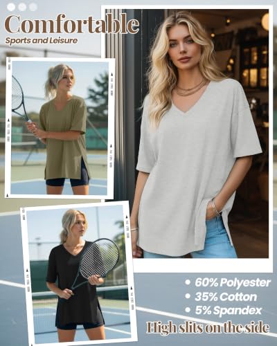 Huukeay 3 Pack Oversized Shirts for Women V Neck - color: Black, Army Green, Light Grey, size: Medium