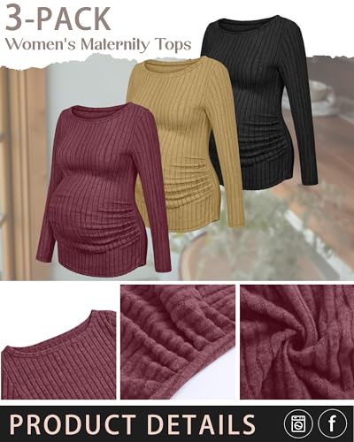 3 Pack Maternity Sweaters Long Sleeve Pregnancy Tops - color: Dark Red, Ginger, Black, size: Small
