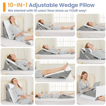 Sasttie Adjustable Wedge Pillow Set for After Surgery, Dark Grey & White - color: Dark Grey & White, size: Adjustable 9&12 Inch + 2 Head Pillows