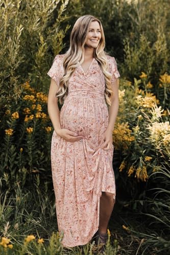 OUGES Women's Wrap V Neck Summer Maternity Photoshoot Dress with Pockets - color: Apricot Pink Floral, size: Small