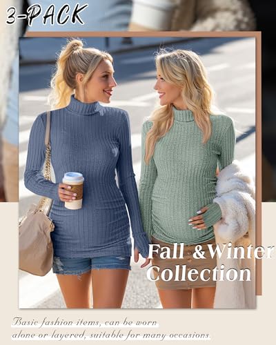 3 Pack Women's Maternity Turtleneck Tops - color: Dark Blue, Peach Pink, Light Green, size: X-Large