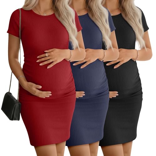 3 Pack Women's Cotton Maternity Dresses - color: Wine Red, Navy Blue, Black, size: Small