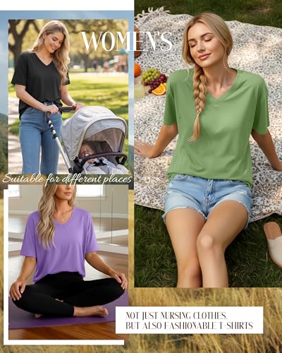 4 Pack Women's Oversize Nursing Tops - color: Light Purple, Light Green, Light Gray, Black, size: Large