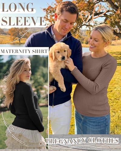 4 Pack Womens Ribbed Maternity Shirts Slim Fit Tops - color: Apricot, Khaki, Coffee, Black, size: Small