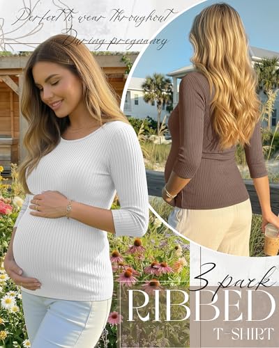 Neer 3 Pack Women's 3/4 Sleeve Crew Neck Maternity Tops - color: Coffee, White, Black, size: Medium