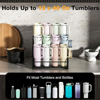 3-Tier Stanley Cup Holder for 12 Tumblers, Lid Organizer, Black Wood - size: 3Tier - Hold 12 -B