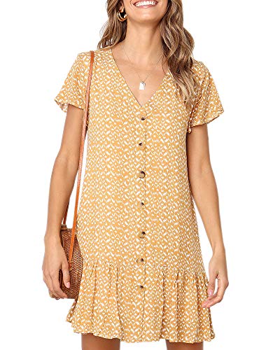 Imysty Womens Summer Polka Dot V Neck Button Down Loose Mini Dress - color: Yellow, size: Small