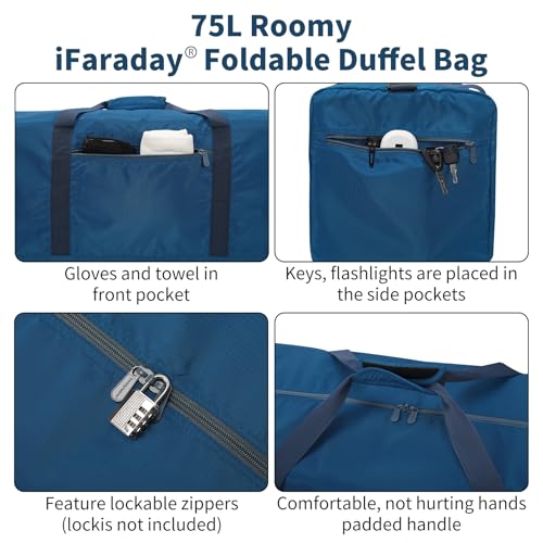 iFARADAY Foldable Duffel Bag Lightweight, 30 inch / 75L, Royal Blue - color: Blue-75L(with shoulder strap)