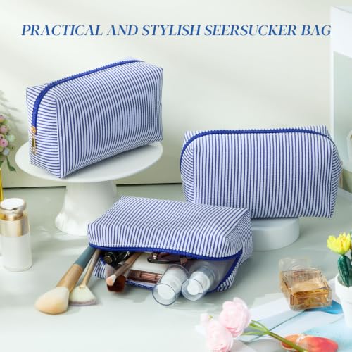 Sanwuta 6 Pcs Seersucker Cosmetic Bags Bulk, Striped Zippered,Navy Blue - color: Navy Blue