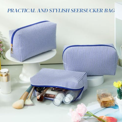 Sanwuta 6 Pcs Seersucker Cosmetic Bags Bulk, Striped Zippered,Navy Blue - color: Navy Blue