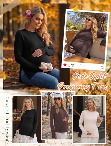 3 Pack Women Maternity Shirts Long Sleeve Pregnancy Tops with Thumb Hole - color: Black/Brown/Beige, size: Small