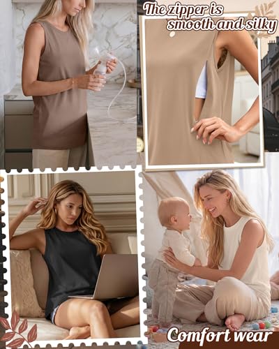 4 Pack Women Nursing Tank Tops Breastfeeding - color: Beige, Ivory Apricot, Coffee, Black, size: Medium