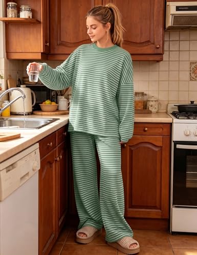 Women Striped 2 Piece Lounge Set Long Sleeve Oversized T Shirts Wide Leg Pants Matching Sets Casual Comfy Pajama Set - color: Wide Thin Stripe-pea Green, size: Large