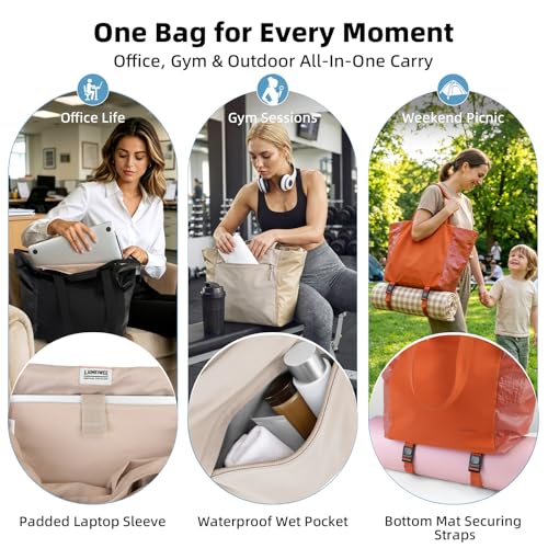 Everyday Bag Tote for Women, 25L Lightweight Spacious Gym&Work - color: Khaki