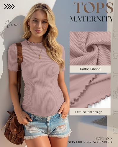 3 Pack Women's Ribbed Maternity Tops - color: Dusty Rose Pink, Latte, Apricot, size: Medium