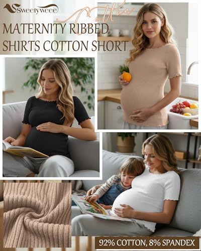 3 Pack Women's Maternity Ribbed Shirts - color: Black, Khaki, White, size: Medium