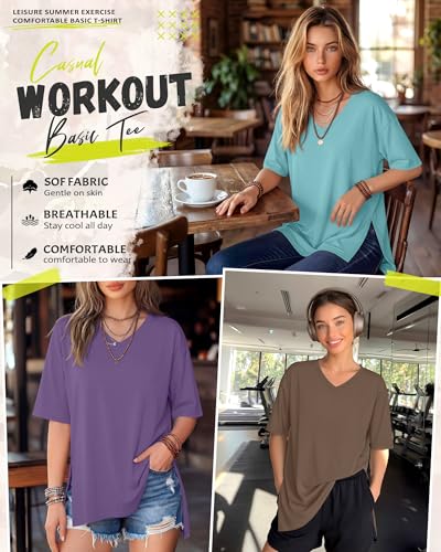 4 Pack Women's Oversized V Neck Shirts - color: Black, Brown, Purple, Blue Green, size: Small