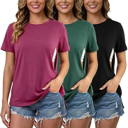 Liu & Qu 3 Pack Women's Breastfeeding Shirts Hidden Zipper Nursing Tops - color: Red+green+black, size: X-Large