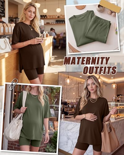 Huukeay 2 Pack Women Maternity Set Pregnancy Outfits - color: Army Green, Dark Brown, size: Medium