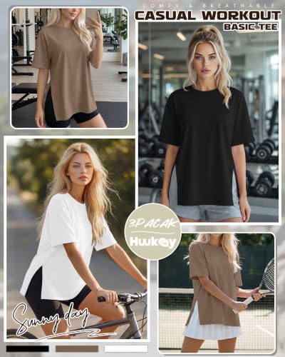 Huukeay 3 Pack Women's Oversized T Shirts Workout Tops - color: Black, White, Gray Brown, size: X-Large