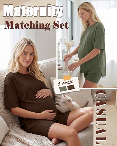 Huukeay 2 Pack Women Maternity Set Pregnancy Outfits - color: Army Green, Dark Brown, size: Large