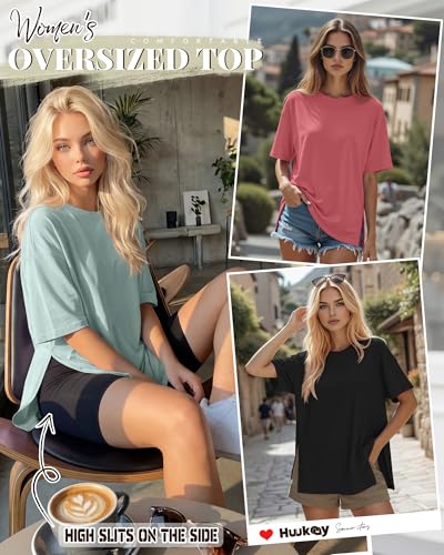 Huukeay 3 Pack Women's Oversized T Shirts Workout Tops - color: Black, Grey Green, Brick Red, size: Small