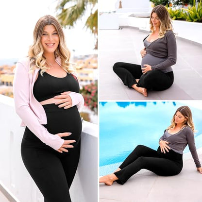 Leafigure Maternity Flare Leggings with Pockets - color: Teal, size: Medium