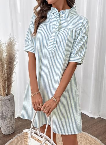 BLENCOT Summer Dresses for Women Puff Sleeve Striped Button Mini Dress - color: White Stripe, size: Large