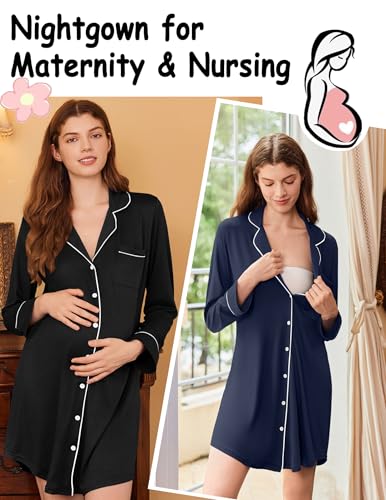 Ekouaer 2 Pack Nightgowns for Women Long Sleeve Button Down Sleep Shirt - color: Black/Navy Blue, size: Small