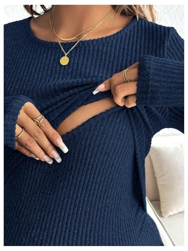 MakeMeChic Women's Maternity Shirts Nursing Top Fall Maternity Clothes - color: Dark Blue, size: Large
