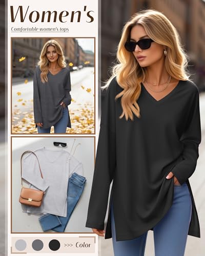 Huukeay 3 Pack Women's Oversized Long Sleeve V Neck Shirts - color: Black, Heather Gray, Gray, size: X-Large