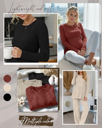 3 Pack Maternity Sweaters Long Sleeve Ribbed Shirts - color: Brick Red, Apricot, Black, size: Large