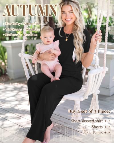 3 Piece Postpartum Nursing Pajamas Set Nursing Lounge Set - color: Black, size: X-Large
