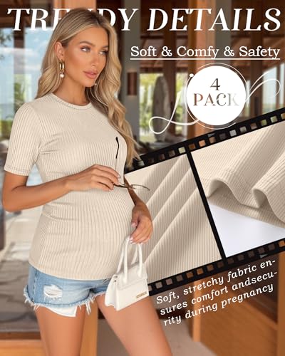 4 Pack Womens Maternity Shirts Work Tees - color: Haze Blue, Light Pink, Apricot, Light Green, size: Small